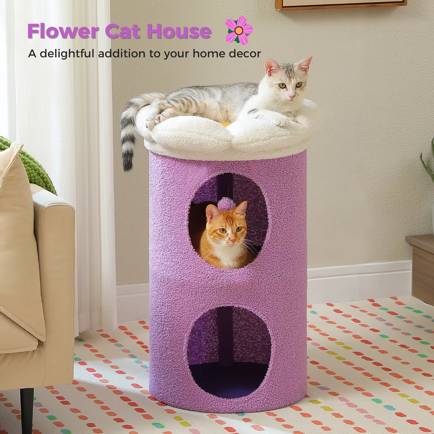 MeowWags™ 2-Story Cat Condo – Cozy Indoor Cat Cave with Removable Flower Bed & Hideaway Hammock