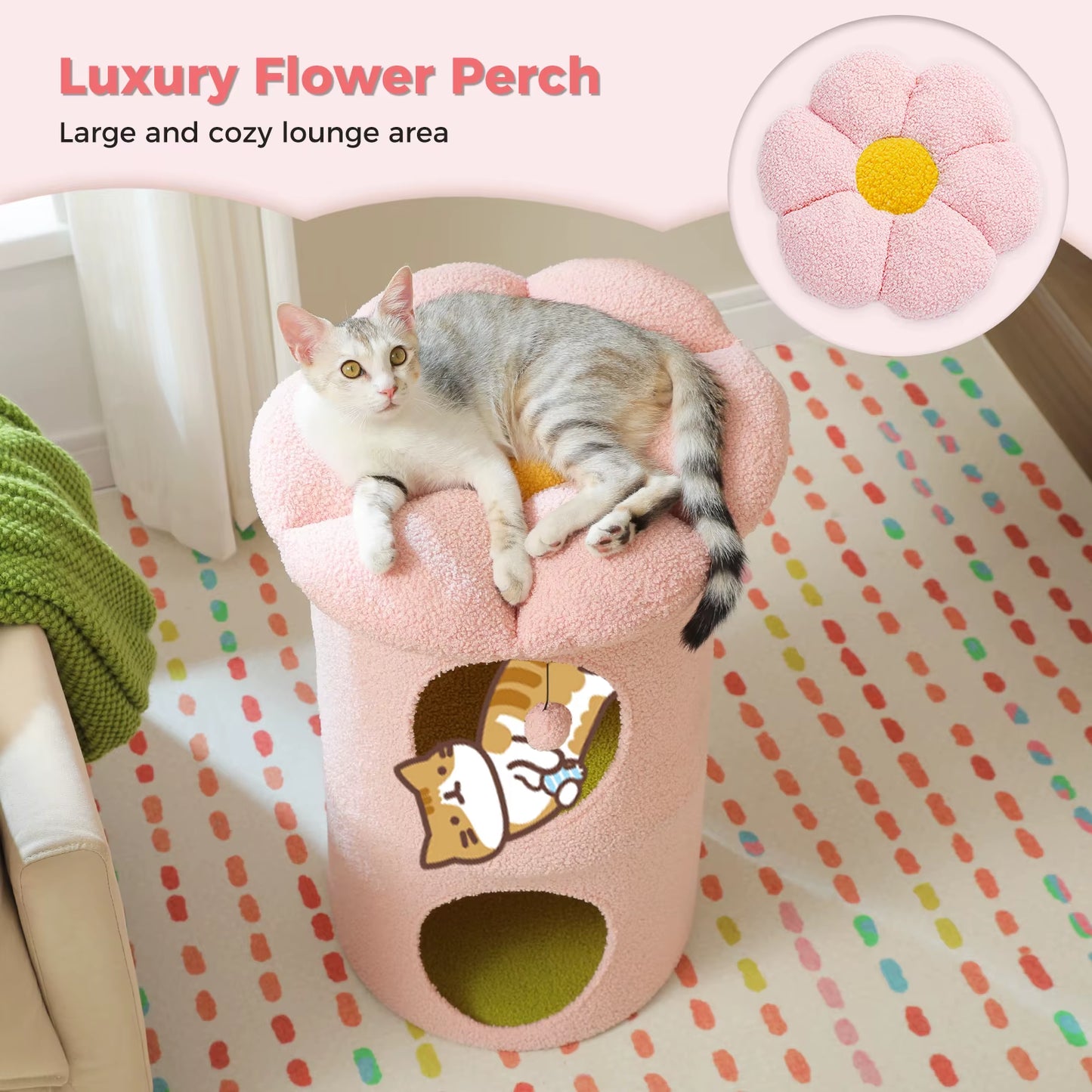 MeowWags™ 2-Story Cat Condo – Cozy Indoor Cat Cave with Removable Flower Bed & Hideaway Hammock