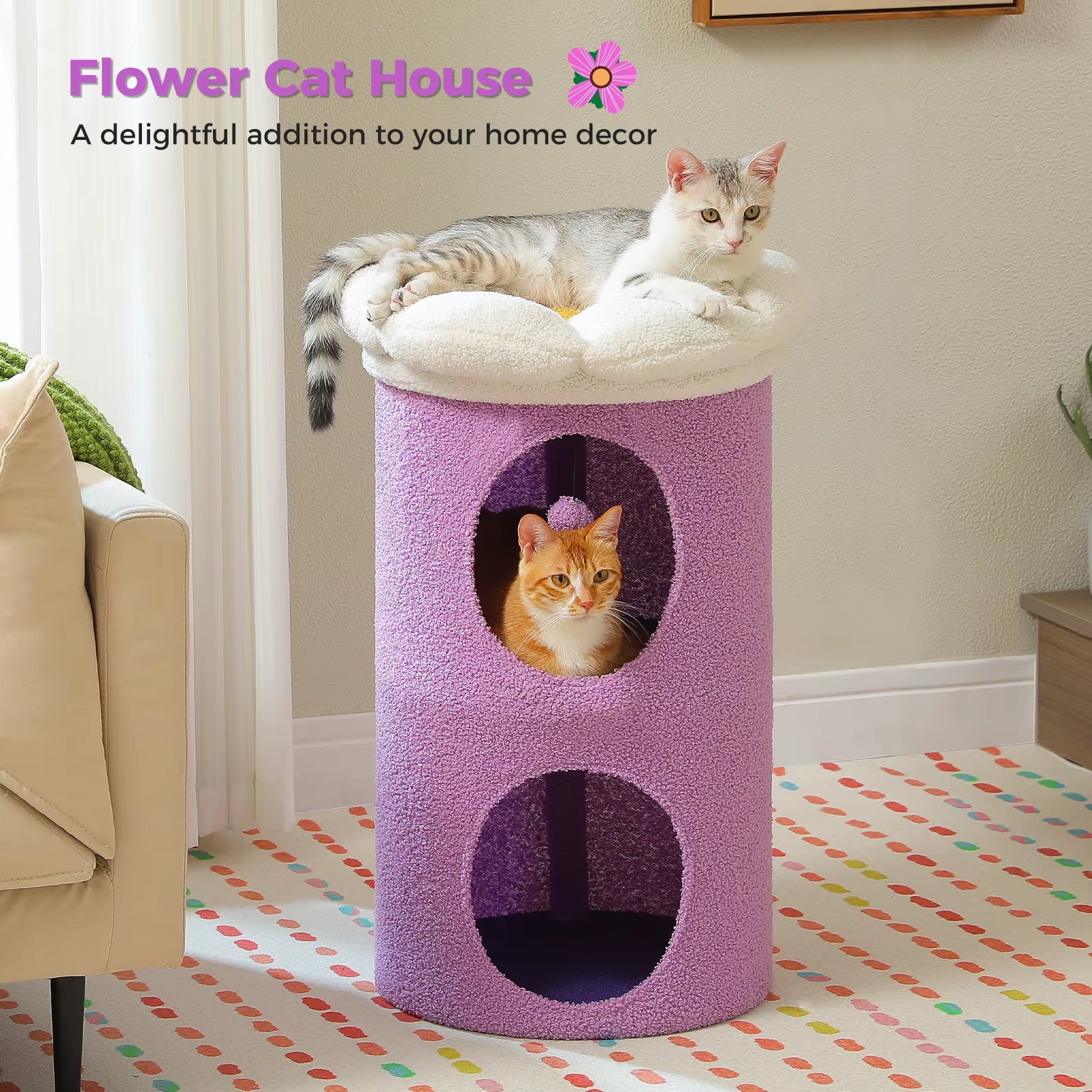 MeowWags™ 2-Story Cat Condo – Cozy Indoor Cat Cave with Removable Flower Bed & Hideaway Hammock