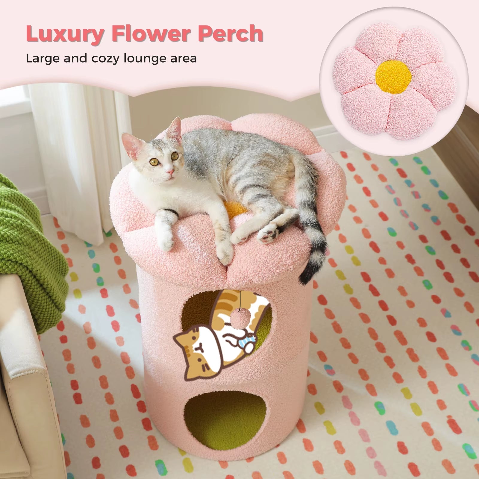 MeowWags™ 2-Story Cat Condo – Cozy Indoor Cat Cave with Removable Flower Bed & Hideaway Hammock