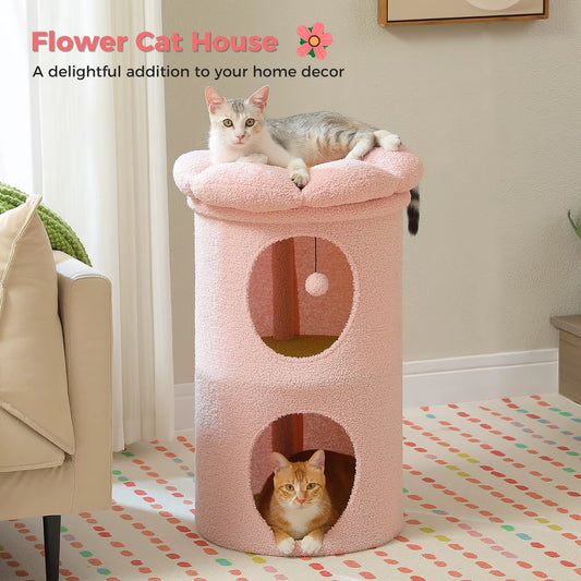 MeowWags™ 2-Story Cat Condo – Cozy Indoor Cat Cave with Removable Flower Bed & Hideaway Hammock